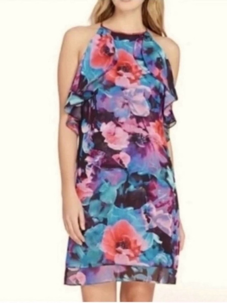 Nwt! Blue, Pink, And Black Tahari Arthur S. Levine Floral Dress - Size 8